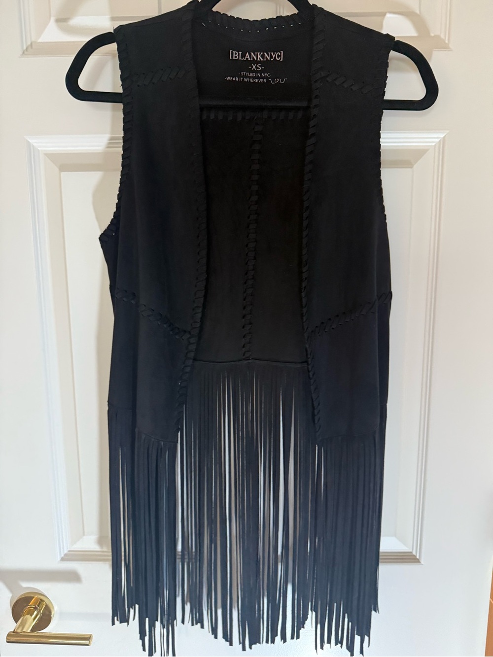 Blank NYC Black Suede Fringe Vest with Braided Trim Accents